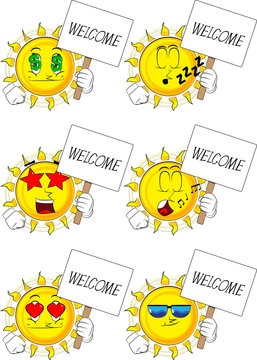 Cartoon sun holding a banner with welcome text. Collection with various facial expressions. Vector set.