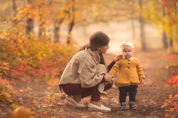 Fototapeta premium Happy family mother and child daughter playing in nature autumn park on sunset