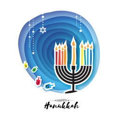 Origami Happy Hanukkah. Greeting card for the Jewish holiday. Menorah traditional candelabra and burning candles Hanukkah dreidel with letters of the Hebrew alphabet. Star of David. Paper cut style.