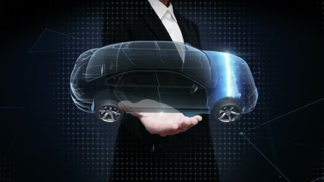 Businesswoman open palm, Electronic,  ion battery echo car. Charging car battery. Battery level check, future car. side view.