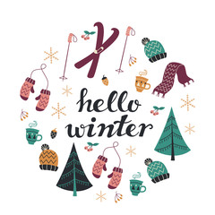 Hello Winter Text and Winter Background with Hand Drawn Winter Elements.