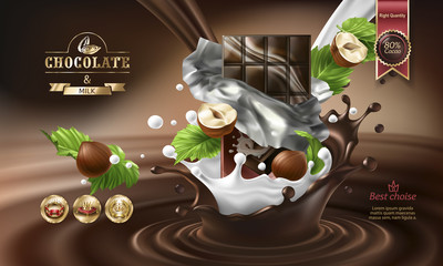 Splashes of melted chocolate and milk with falling chocolate bar in a torn wrapper and nuts, vector 3D realistic illustration. Mock up advertising poster for promoting elite chocolate