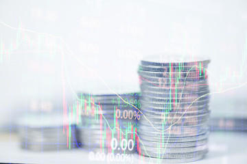 Obraz premium Double exposure of stacks of coins and credit card with candle stick graph chart, indicator, price of stock market or stock exchange trading, business investment concept.