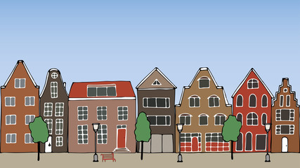 Vector illustration. The city in the afternoon. Houses, trees, benches and lampposts.