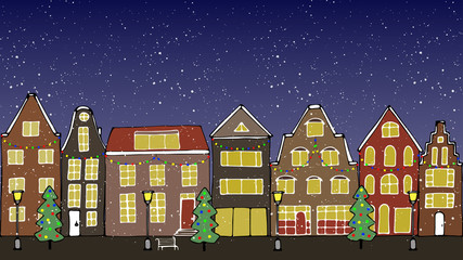 Vector illustration. Evening city on Christmas day. House, Christmas trees, benches and lampposts.