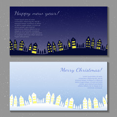 Vector Christmas banners. Illustration of a winter city night and day. The outline of the houses, lights and Christmas trees on snow background.