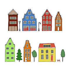 Vector illustration. Set for the manufacture of a town: houses, trees, a bench and lampposts.
