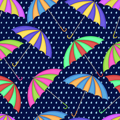 Seamless vector pattern. Background from scattered multi-colored umbrellas and rain drops.
