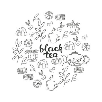 Fototapeta Set of Hand Lettering and Tea Accessories: Cup, Teapot and Leaves in Doodle Style.