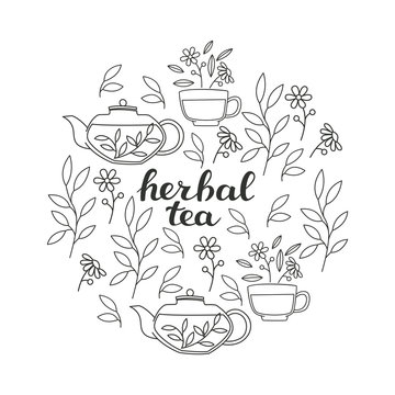 Set of Hand Lettering and Tea Accessories: Cup, Teapot and Leaves in Doodle Style.