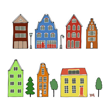 Vector illustration. Set for the manufacture of a town: houses, trees, a bench and lampposts.