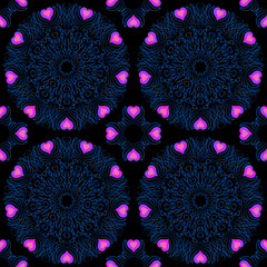 Vector seamless pattern. Bright blue pattern with pink hearts in the form of circles of interlacing lines on a black background.