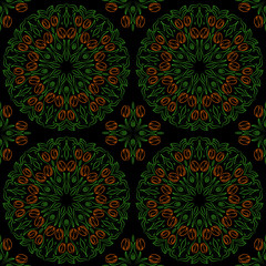 Vector seamless pattern. Bright floral pattern with tulips in the form of a circle on a dark background.