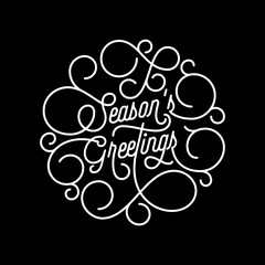 Season Greetings flourish calligraphy lettering of swash line typography for greeting card design. Vector festive ornamental New Year or Christmas quote text of swirl pattern outline black background