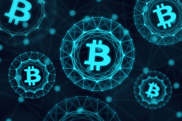 Glowing bitcoin signs on dark background. Cryptocurrency concept. Web hologram on background.