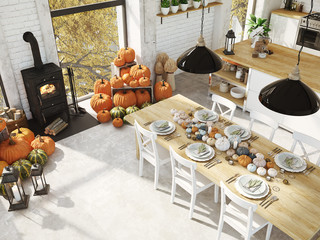 top view nordic kitchen in an apartment. 3D rendering. thanksgiving concept.