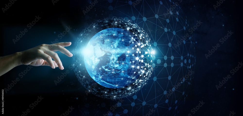 Aufkleber Hand touching global network connection and data exchanges on the planet earth background