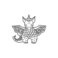 Cute dragon black and white vector illustration on a white background.