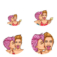 Set of vector pop art round avatar icons for users of social networking, blogs, profile icons. Lesbian couple