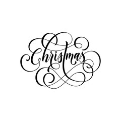 Merry Christmas flourish hand drawn swash calligraphy lettering of ornamental line typography for greeting card design. Vector festive Christmas holiday quote text on white background