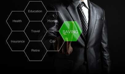 Businessman touching concept Saving money for the future life.  Saving Concept