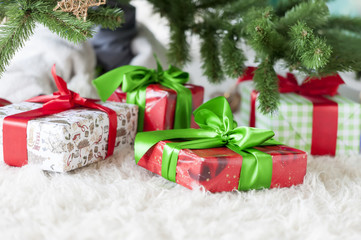 Christmas home decoration with gifts and tree