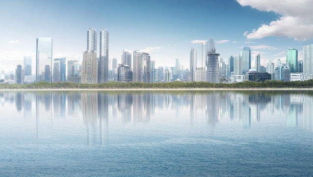 Modern Cityscape With Skyscraper Building And Reflection