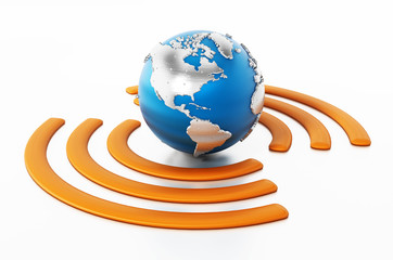 Wireless symbol around the blue earth. 3D illustration