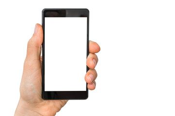 Mobile cell phone with blank white screen in female hand