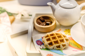 Belgian waffles with blur cookies, bread for breakfast or tea time, Desserts and Food Concepts.