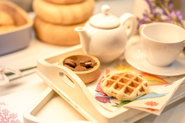 Belgian waffles with blur cookies, bread for breakfast or tea time, Desserts and Food Concepts.