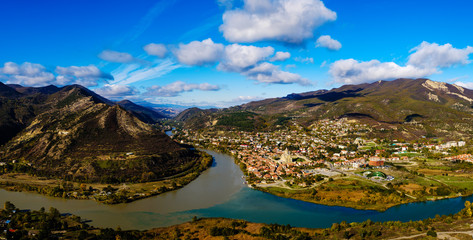The Top View Of Mtskheta, Georgia, The Old Town Lies At The Confluence Of The Rivers Kura And Aragvi. © FoodAndPhoto
