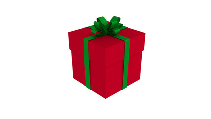 3D RED gift box  tied with a GREEN satin ribbon bow.