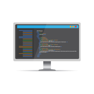 HTML code website. Desktop coding, programming  concept. Vector illustration.