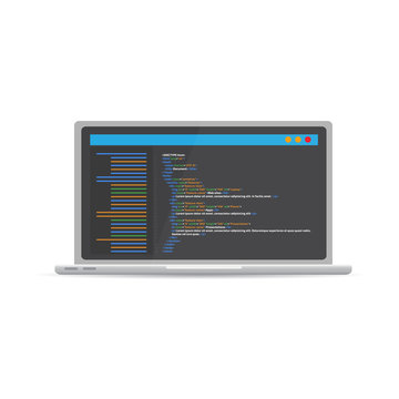  HTML code website. Laptop coding, programming  concept. Vector illustration.