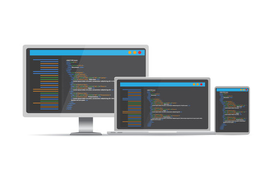 HTML code website. Laptop, desktop, tablet coding, programming  concept. Vector illustration.