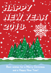 Festive poster with a new year and a Merry Christmas. Greeting card with a trees and snow. Flat vector illustration EPS10