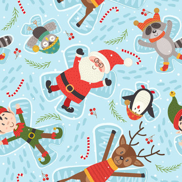 seamless pattern with Christmas characters make snow angel - vector illustration, eps