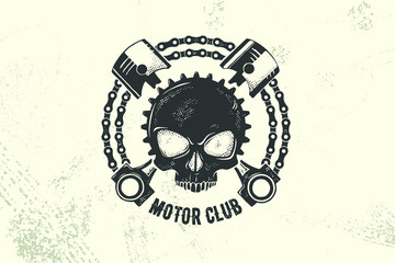 Vintage Motor Club Sign and Label with chain, skull and pistons. Emblem of bikers and riders.