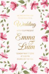 Wedding marriage invitation card template. Rectangular floral border frame with shiny golden gradient text placeholder. Gypsophila baby breath pink purple flowers garland foliage. Vector illustration.