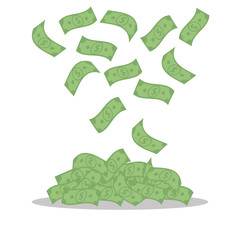 Money banknotes isolated on white background. Falling green dollars , bills fly - flat vector illustration