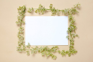 A floral frame in a circle of a white sheet of paper lies on a beige background.