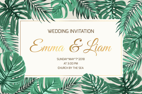 Wedding marriage event invitation card template. Exotic tropical jungle rainforest bright green palm monstera leaves border frame. Horizontal landscape layout. Shiny gold gradient text placeholder.