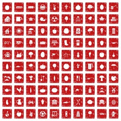 100 health food icons set grunge red