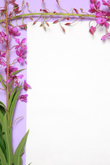 A floral frame of willow-tea in a circle of white paper lies on a lilac background.