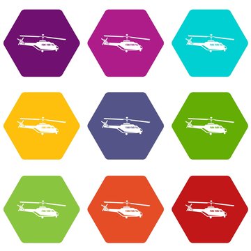 Military helicopter icon set color hexahedron