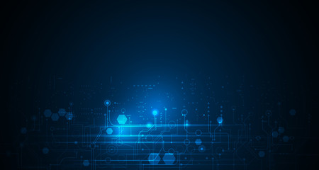 Vector illustration circuit board and hexagons background. Hi-tech digital technology and engineering, digital telecom technology concept. Vector abstract futuristic on dark blue color background