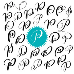 Set letter P. Hand drawn vector flourish calligraphy. Script font. Isolated letters written with ink. Handwritten brush style. Hand lettering for logos packaging design poster.