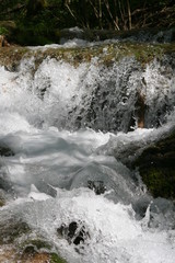 überschäumender Bach nach der Schneeschmelze im Frühling