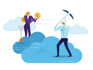 Business people with jackhammer working in bitcoin mine on cloud. Flat design elements. vector illustration